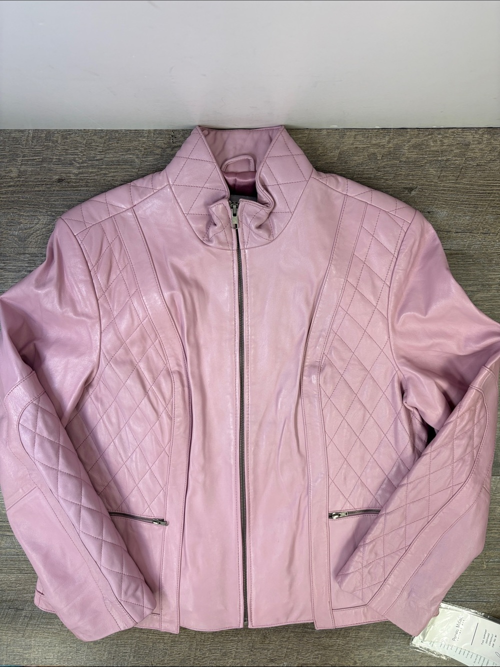 Pamela McCoy Pink Genuine Leather Quilted Moto Jacket NWT Size Large